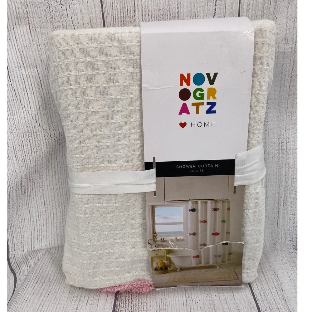 Novogratz Shower Curtain Cream Tufted Fish Waffle Weave 100% Cotton Coastal